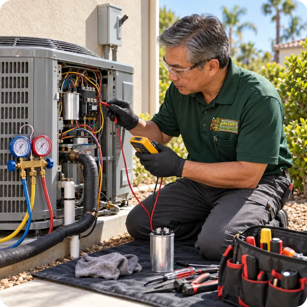 Hana Hou Home HVAC technician diagnosing and repairing a residential central air conditioning condenser.