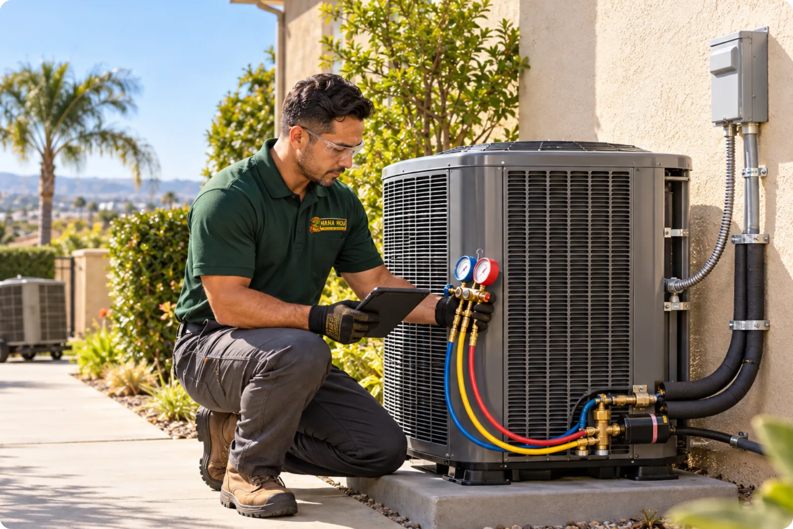 Hana Hou Home technician servicing a residential central air conditioning system for efficient whole-home cooling.