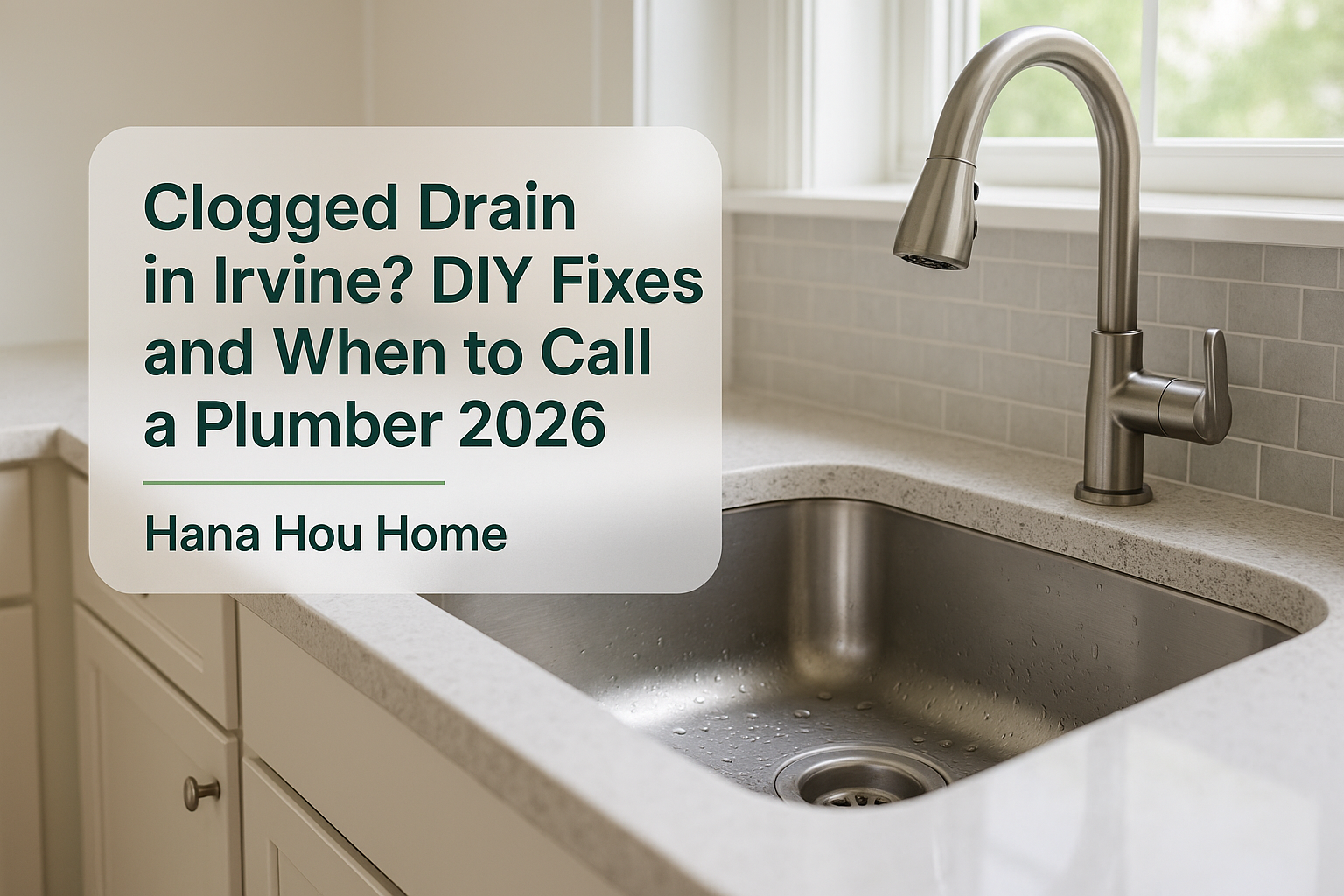 Kitchen sink with a clogged drain, showing plumbing details by Hana Hou Home for Irvine homeowners.