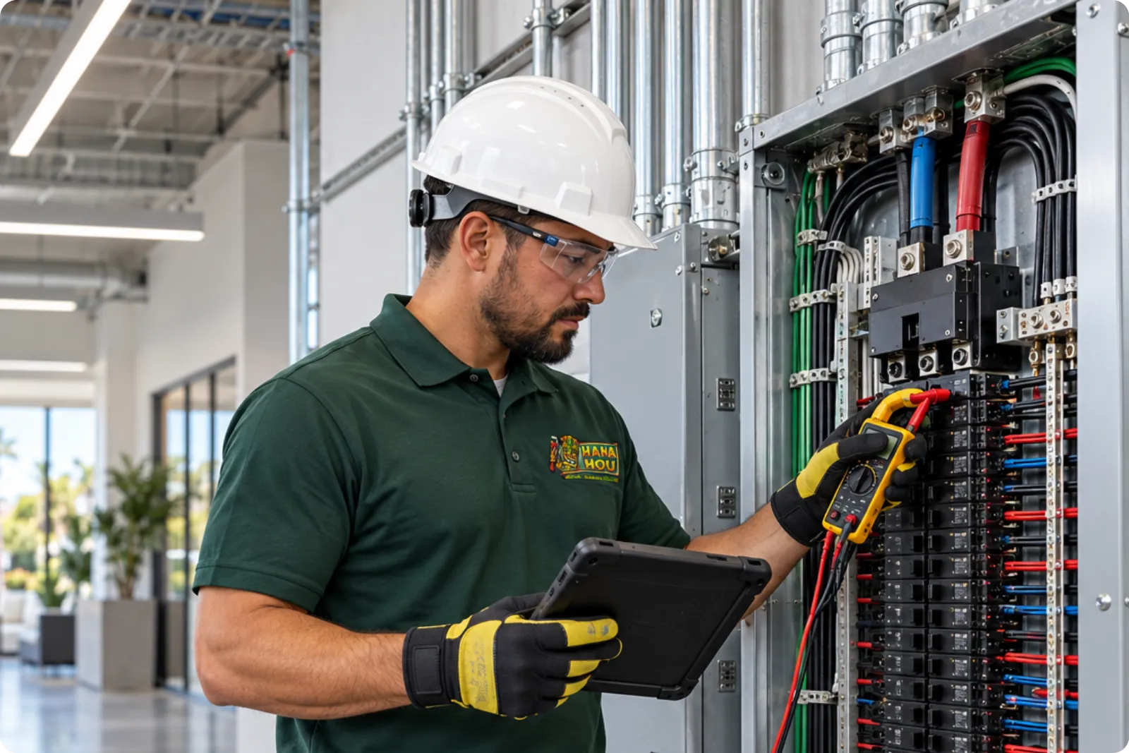 Hana Hou Home commercial electrician testing a modern distribution panel inside a Southern California business property.