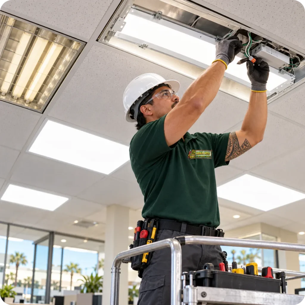 Hana Hou Home electrician replacing an outdated fluorescent fixture with energy-efficient LED commercial lighting.
