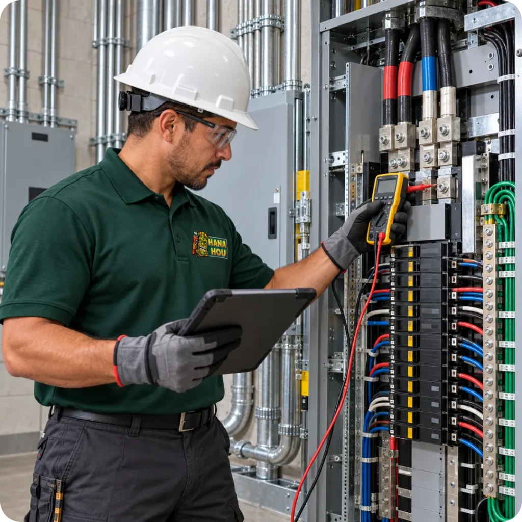 Hana Hou Home commercial electrician testing an electrical panel and documenting code compliance requirements.