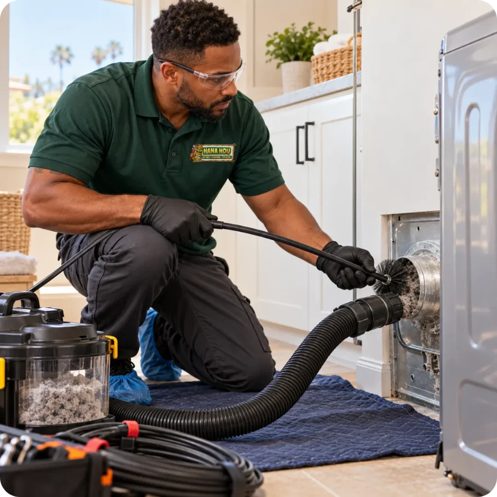 Hana Hou Home technician cleaning a residential dryer vent with a rotary brush and professional vacuum equipment.