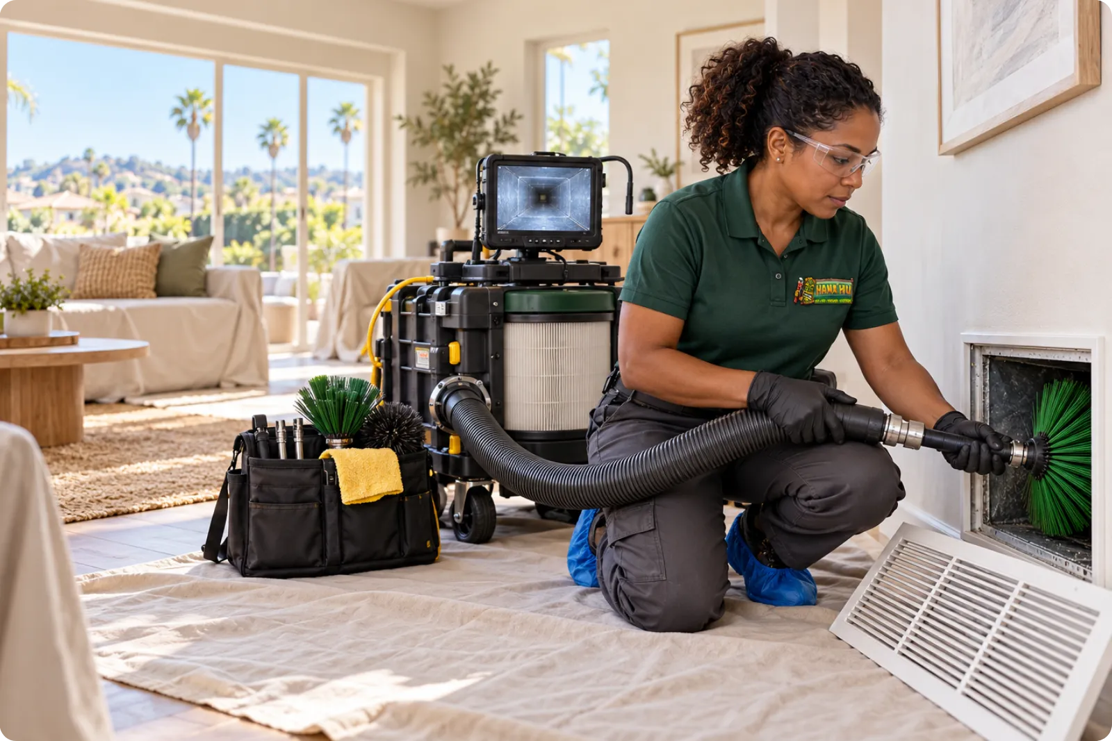 Hana Hou HVAC technician cleaning a residential air duct with professional vacuum and brush equipment.