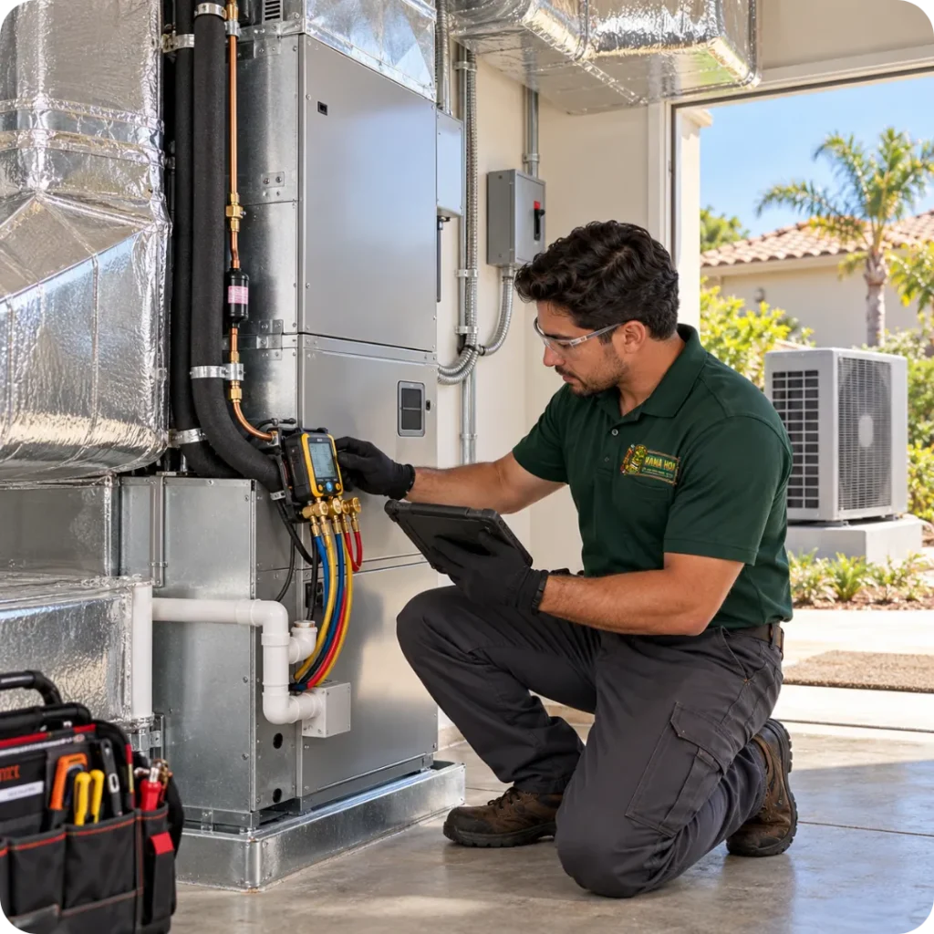 Hana Hou Home HVAC technician commissioning a residential ducted heat pump system with a central air handler and sealed ductwork.