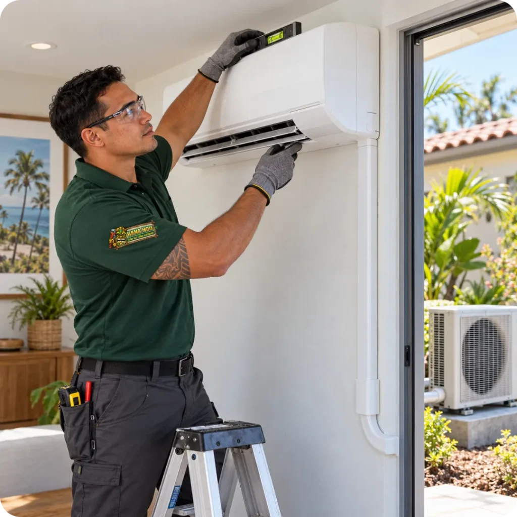Hana Hou Home technician professionally installing a ductless heat pump mini split system in a Southern California residence.
