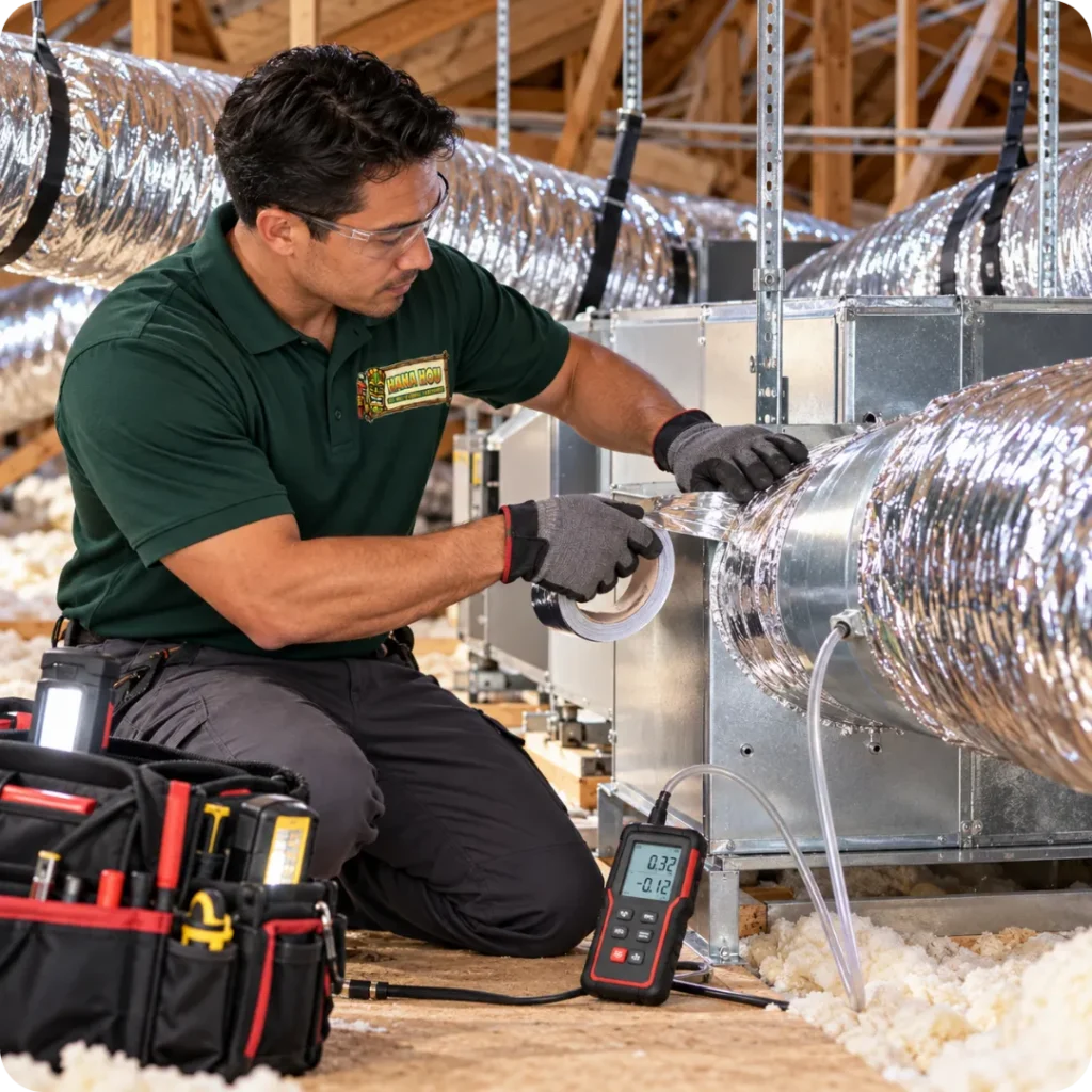 Hana Hou Home HVAC technician sealing and testing residential ductwork in a Southern California attic.