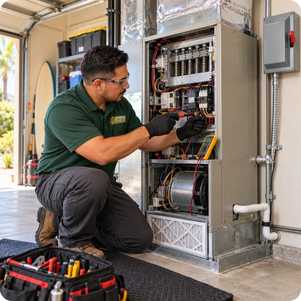 Hana Hou Home HVAC technician completing electrical connections on a newly installed electric furnace.