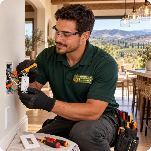 Hana Hou Home technician providing electrical repair and installation services for a residential property in Temecula Valley, California.