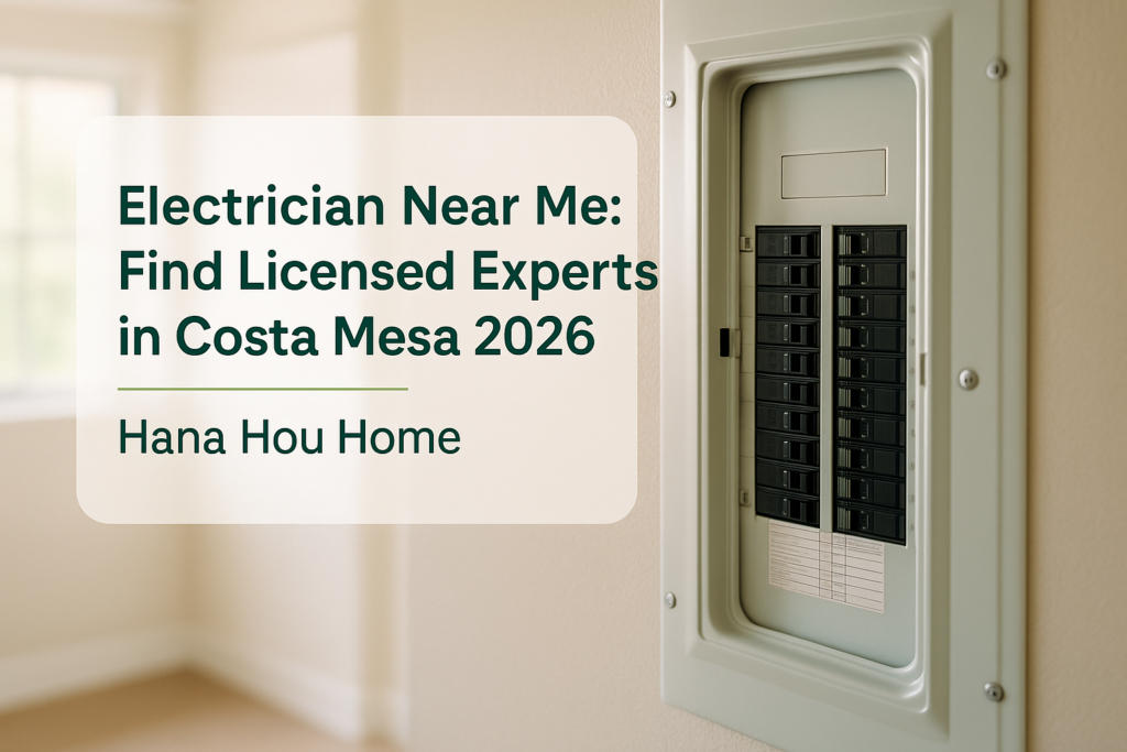 Electrical panel in a modern Costa Mesa home, representing licensed electrician near me services by Hana Hou Home.