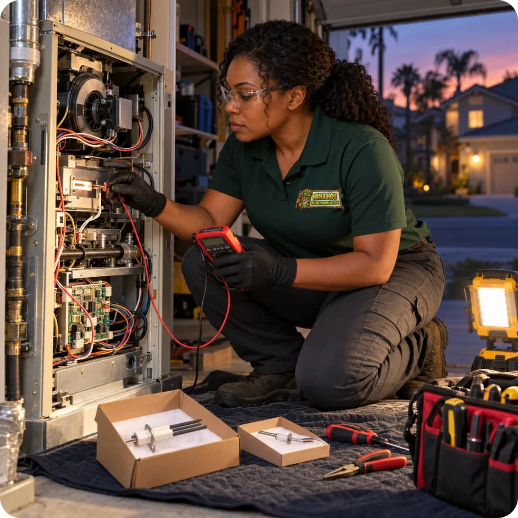 Hana Hou Home HVAC technician diagnosing an urgent furnace failure during an evening service call.