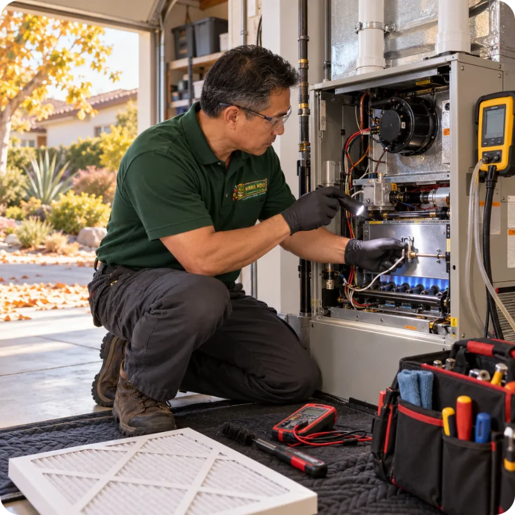 Hana Hou Home HVAC technician performing a fall furnace tune up with combustion testing and a fresh air filter.