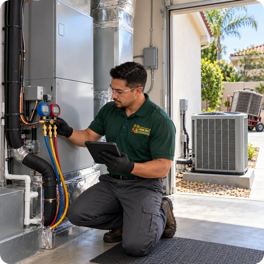 Hana Hou Home technician commissioning a complete HVAC replacement with a new indoor air handler and outdoor AC condenser.
