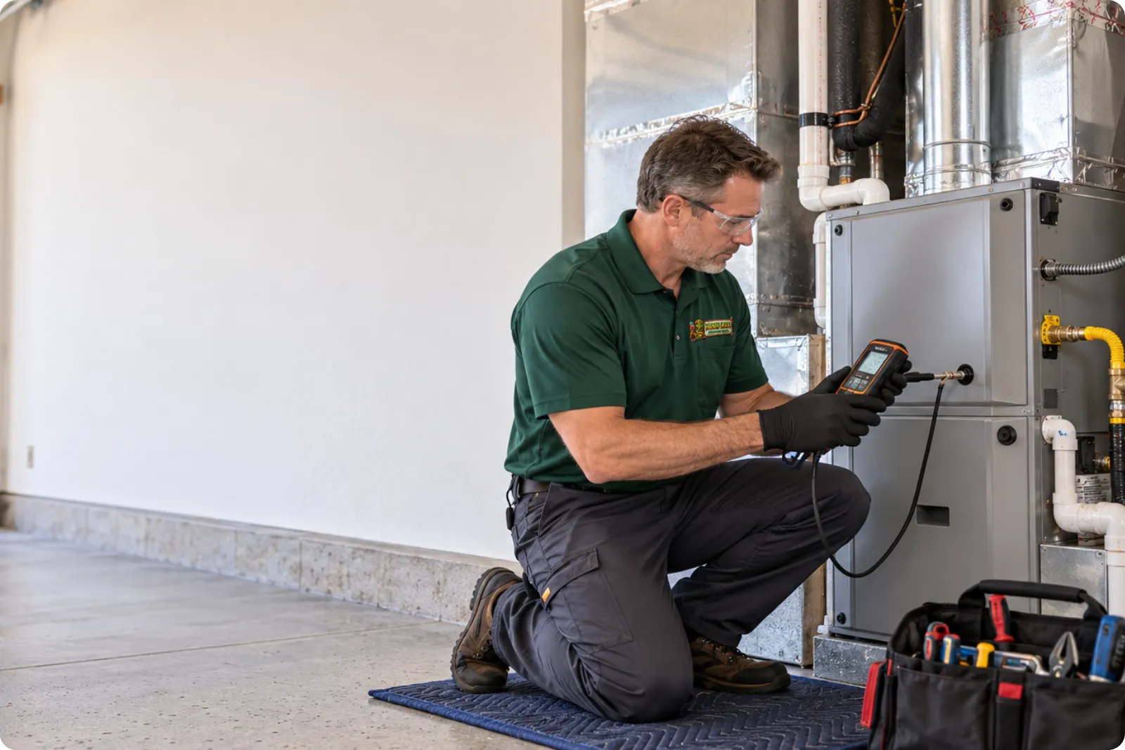 Hana Hou Home HVAC technician testing a newly installed high efficiency furnace in a residential garage.