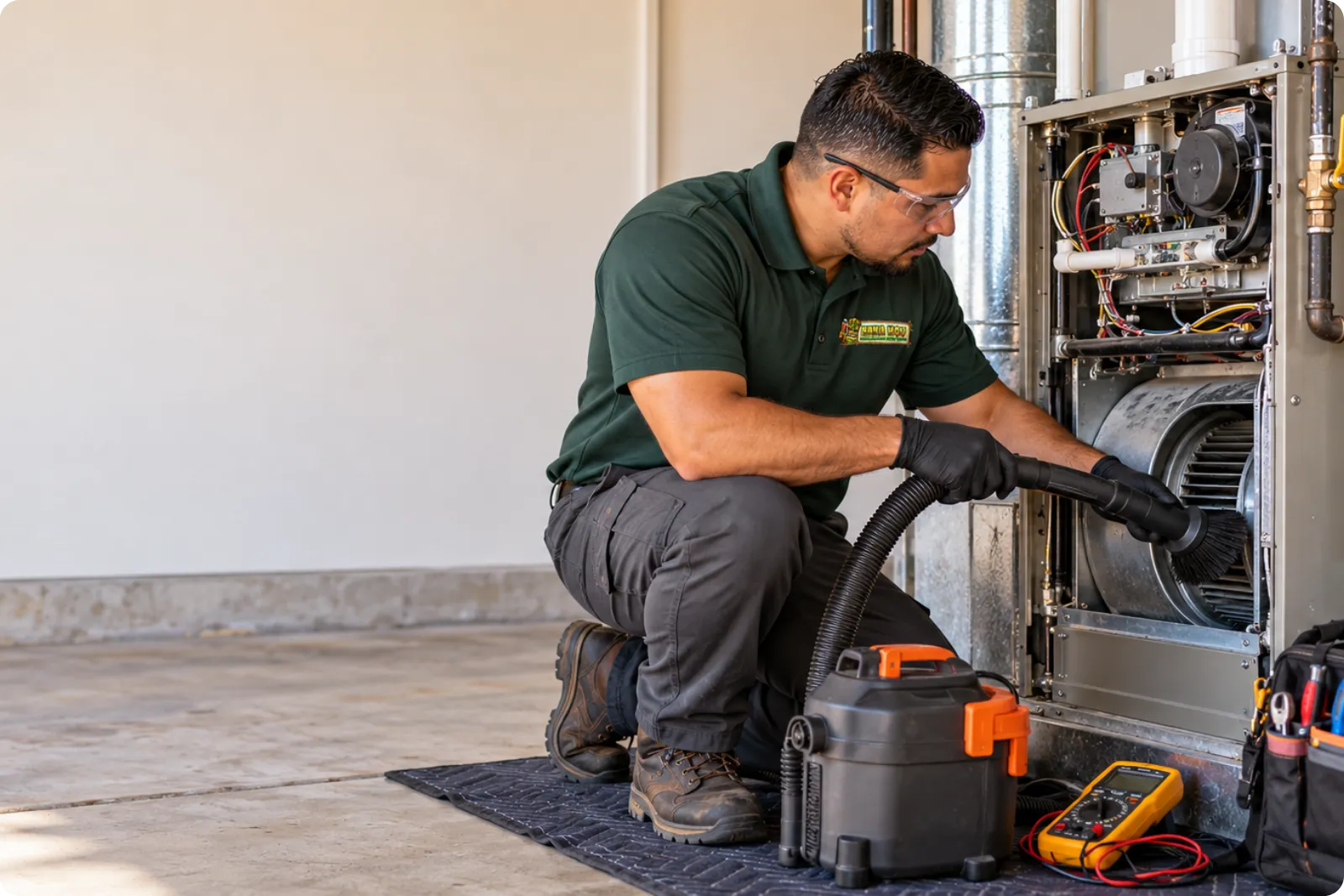 Hana Hou Home HVAC technician cleaning the blower compartment during residential furnace maintenance.