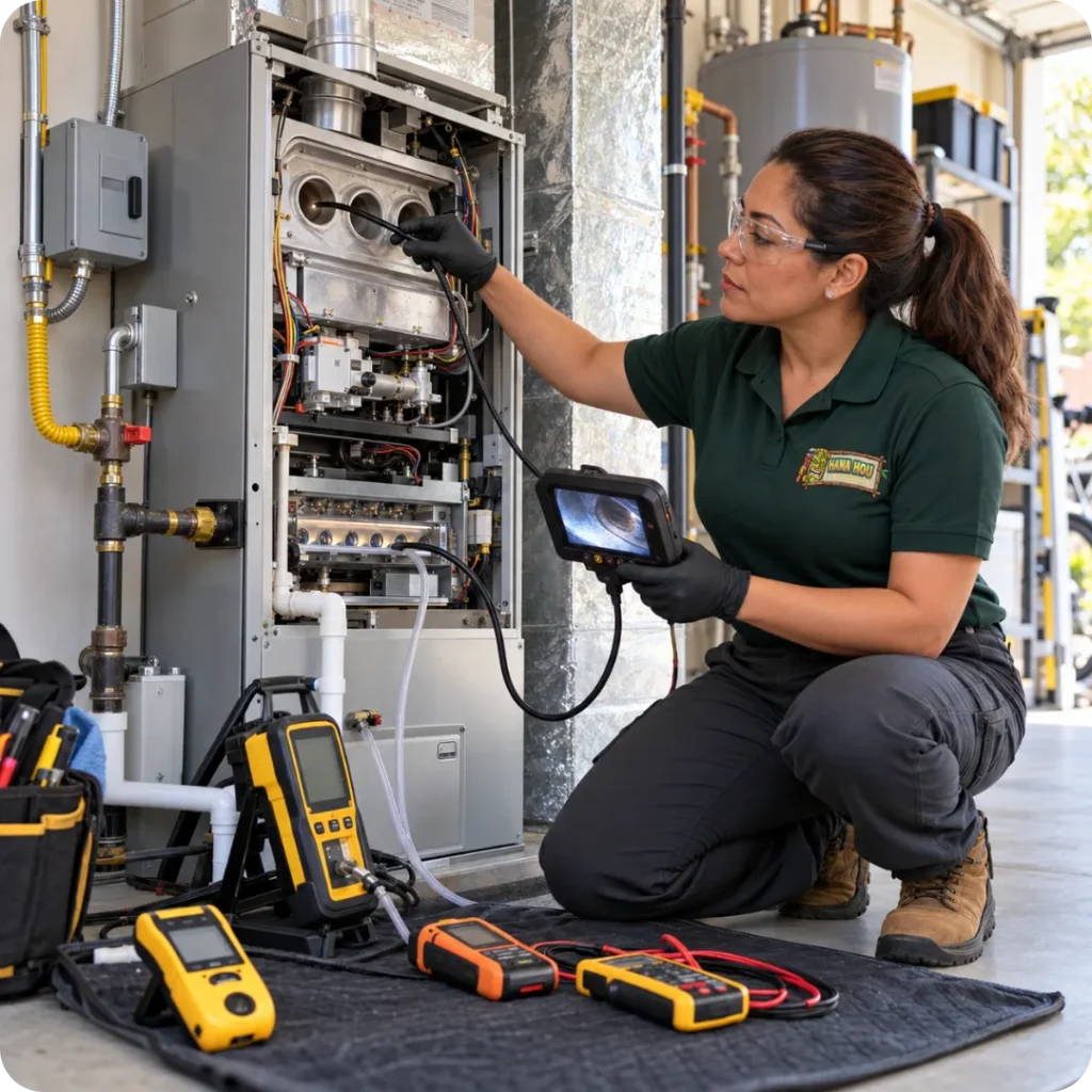 Hana Hou Home HVAC technician inspecting a furnace heat exchanger with a professional borescope camera.