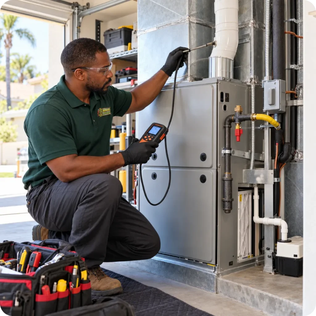 Hana Hou Home HVAC technician performing combustion testing on a newly installed residential gas furnace.