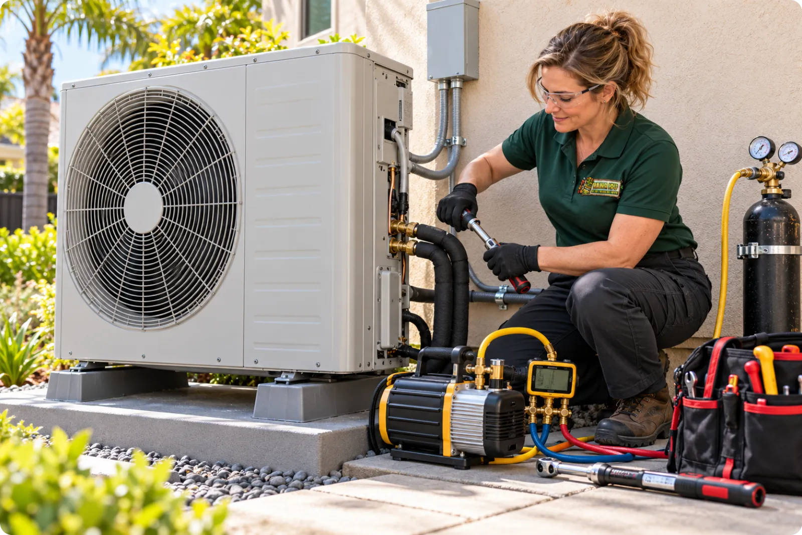 Hana Hou Home technician installing and commissioning a new residential heat pump at a Southern California home.