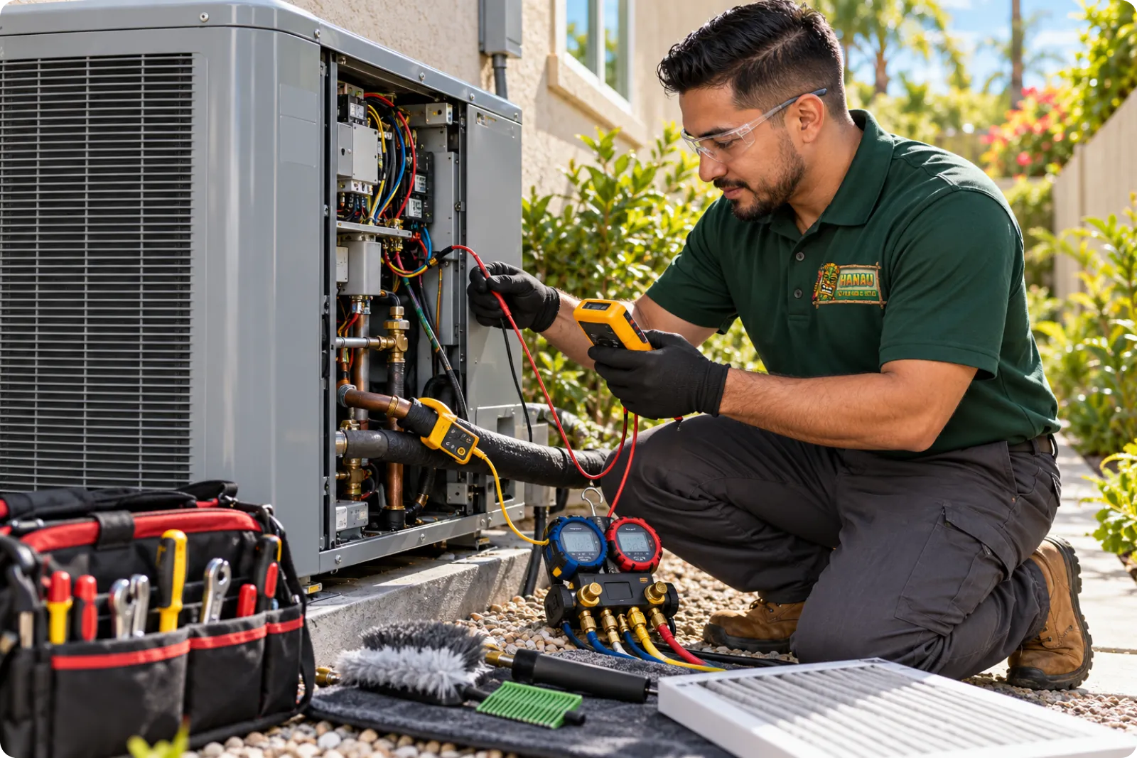 Hana Hou Home technician performing heat pump maintenance and a system tune up at a Southern California home.