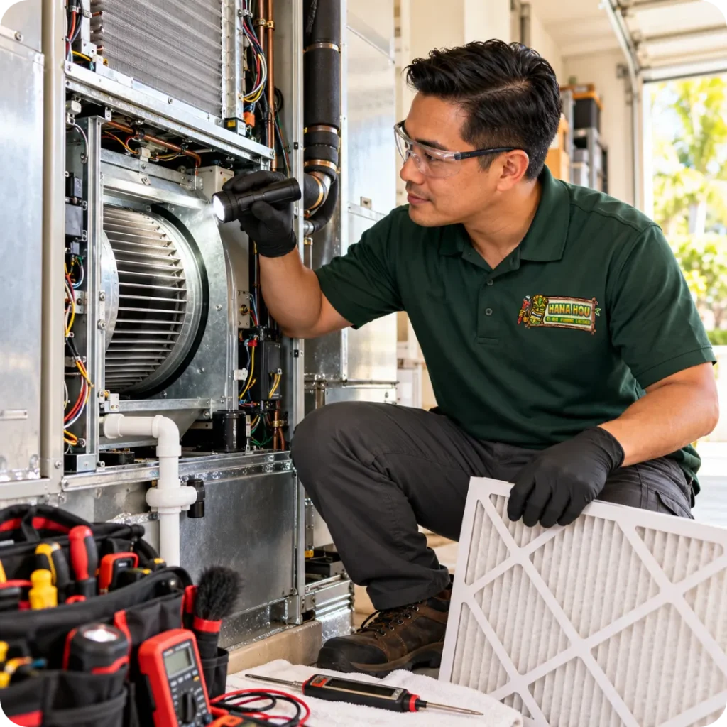 Hana Hou Home technician reviewing a heat pump maintenance plan and service checklist with a homeowner.