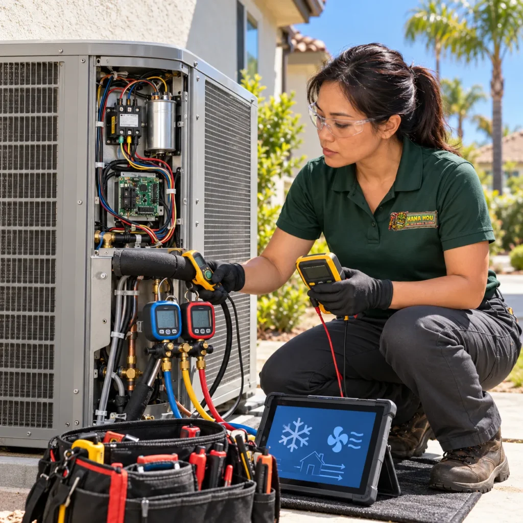 Hana Hou Home HVAC technician diagnosing a residential heat pump that is running but not cooling properly.