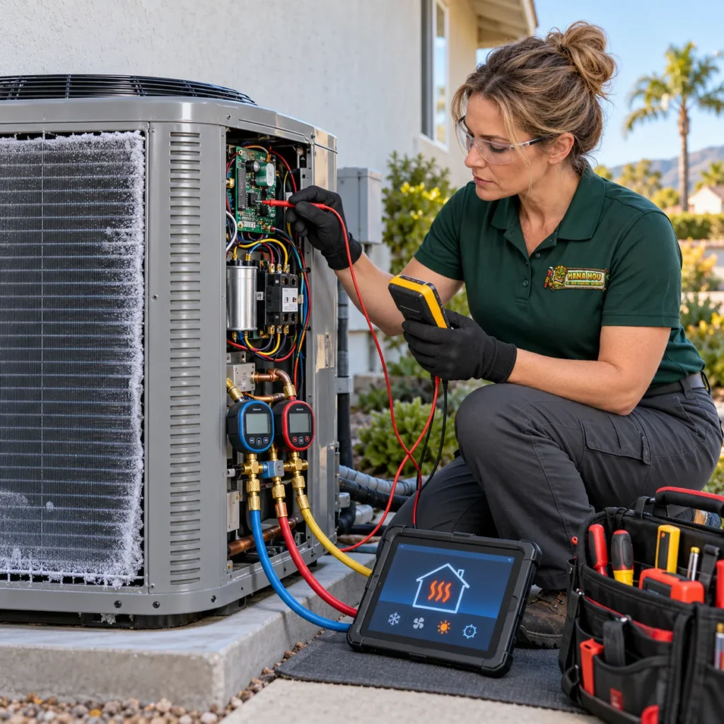 Hana Hou Home HVAC technician diagnosing a heat pump that is not producing heat during cool weather.