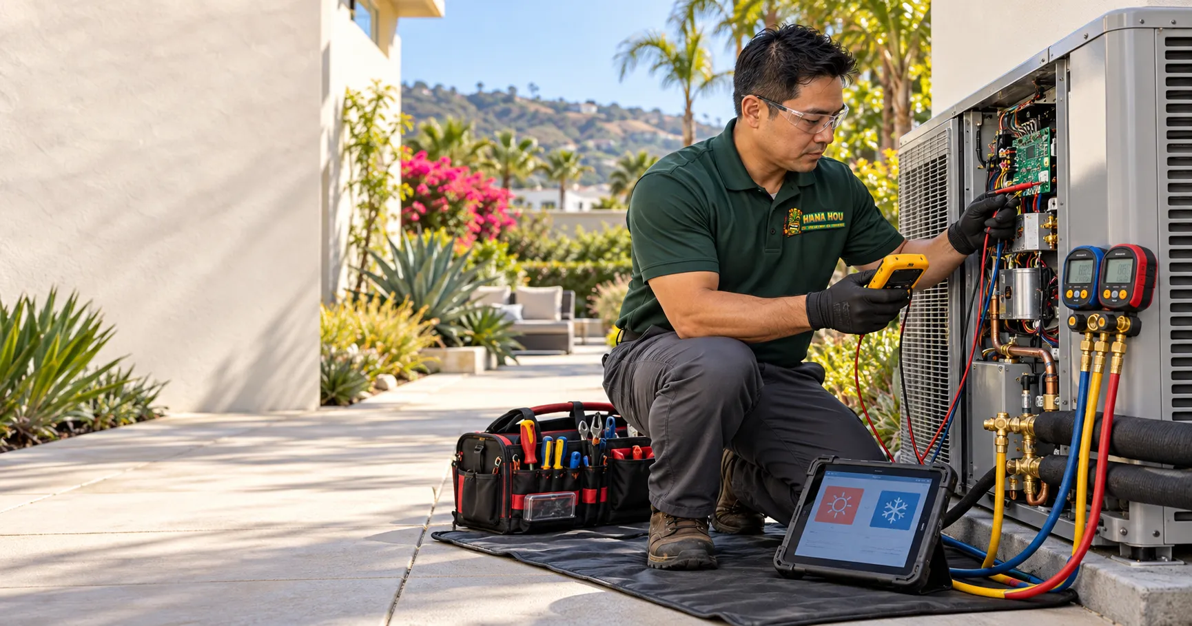 Hana Hou Home HVAC technician diagnosing a residential heat pump at an Orange County, California home.