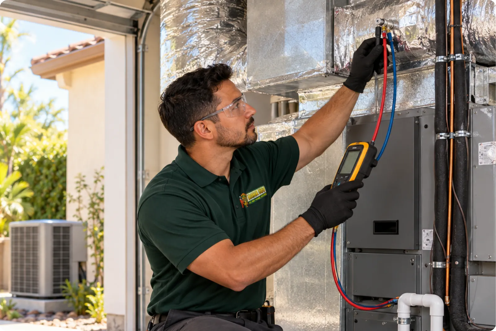 Hana Hou Home technician inspecting residential heating, air conditioning, and ductwork equipment in a Southern California home.