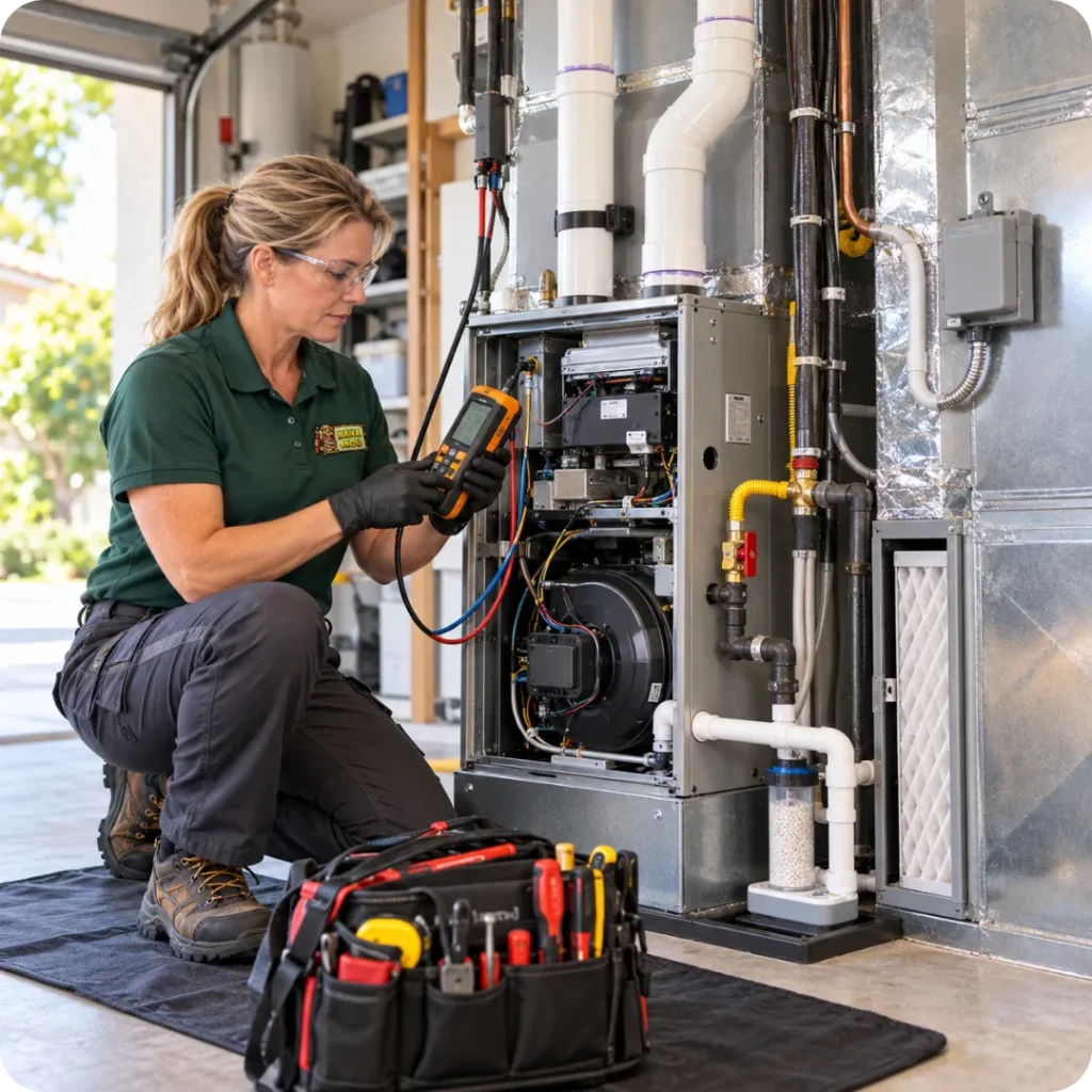 Hana Hou Home HVAC technician testing a high efficiency condensing furnace in a residential garage.