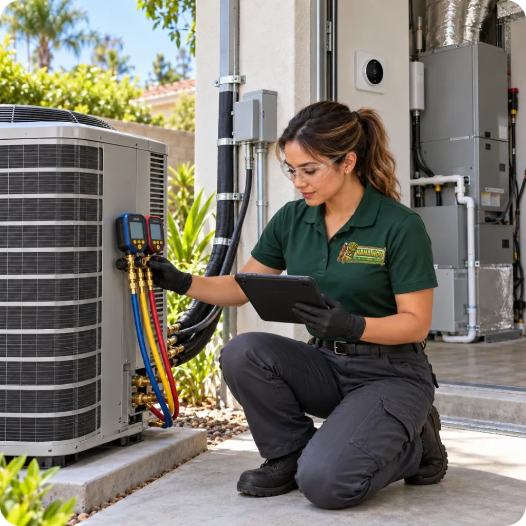 Hana Hou Home technician commissioning a high efficiency HVAC upgrade with modern outdoor and indoor equipment.