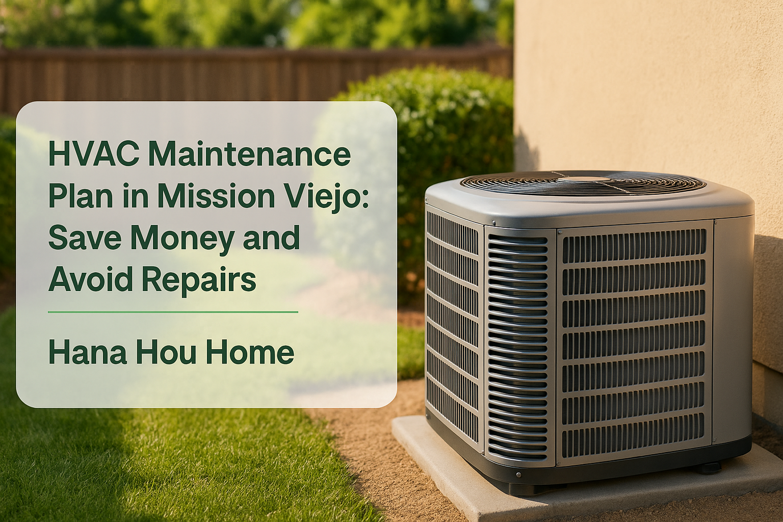 An outdoor condenser unit in a tidy Mission Viejo yard, representing an HVAC maintenance plan by Hana Hou Home.