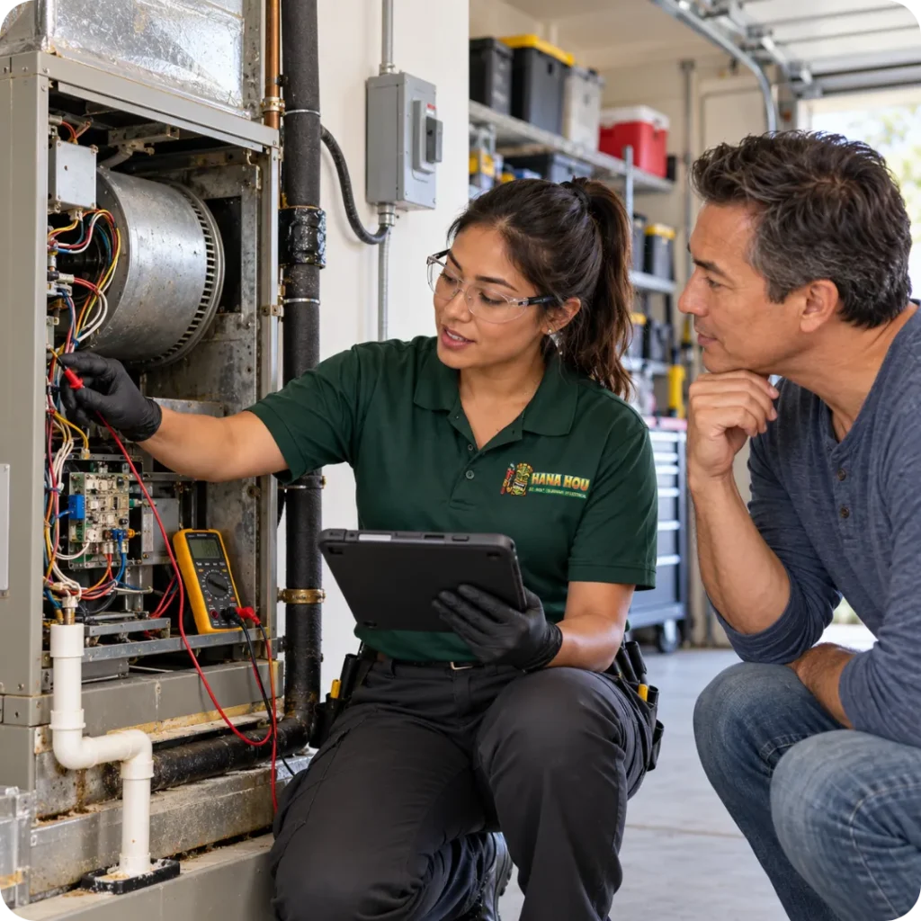 Hana Hou Home technician inspecting an aging indoor HVAC system and explaining the diagnostic findings to a homeowner.