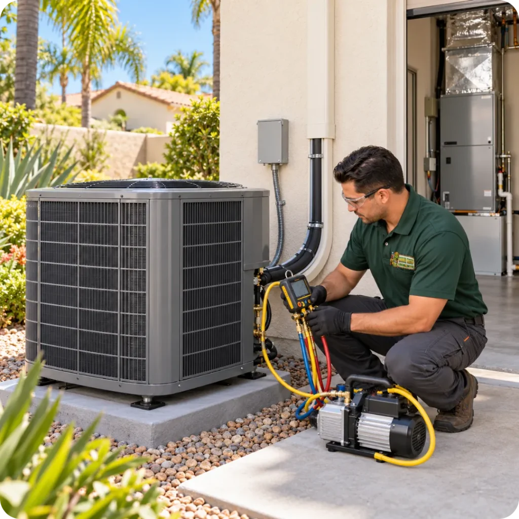 Hana Hou Home technician commissioning a newly installed central AC condenser and matching indoor air handler.