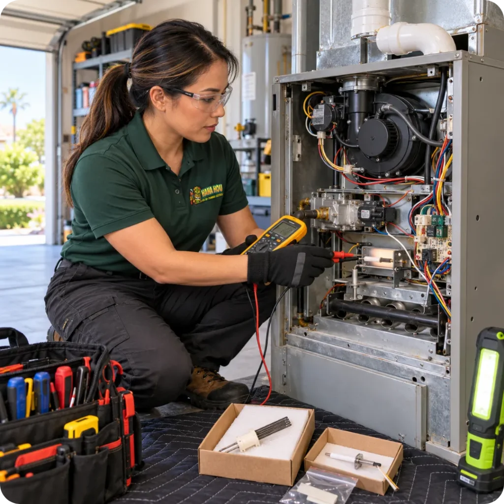 Hana Hou Home HVAC technician diagnosing a furnace that will not ignite using professional testing equipment.