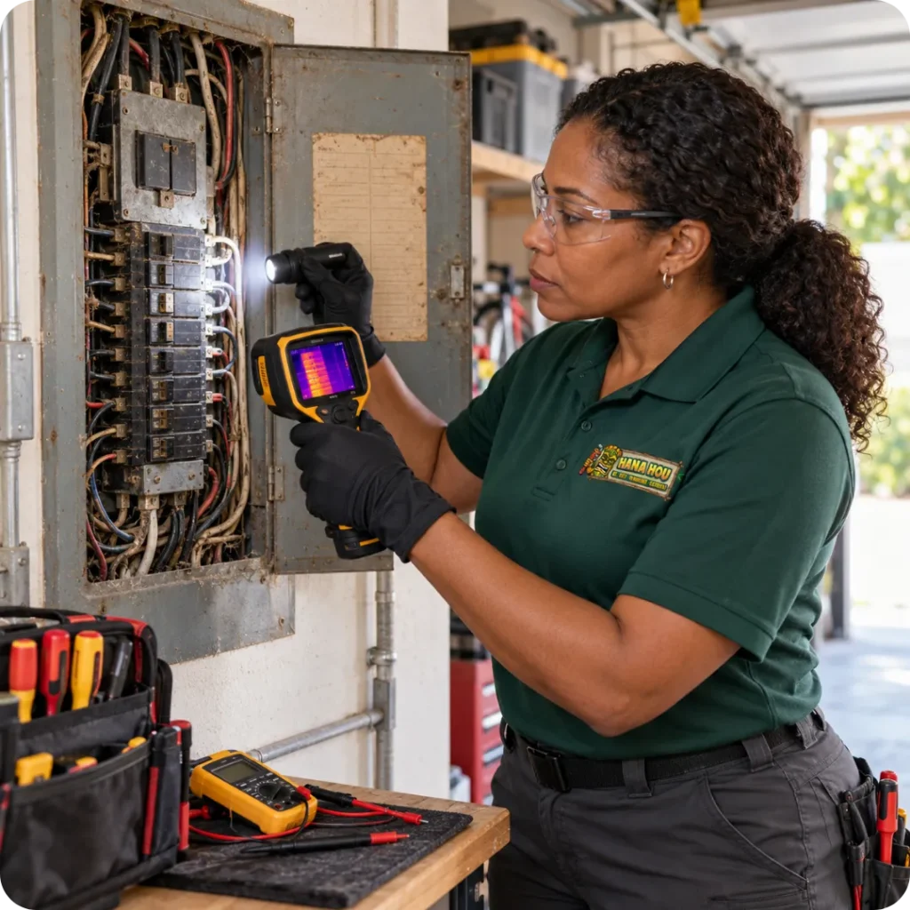 Hana Hou Home electrician performing a thermal safety inspection on an older residential electrical panel.