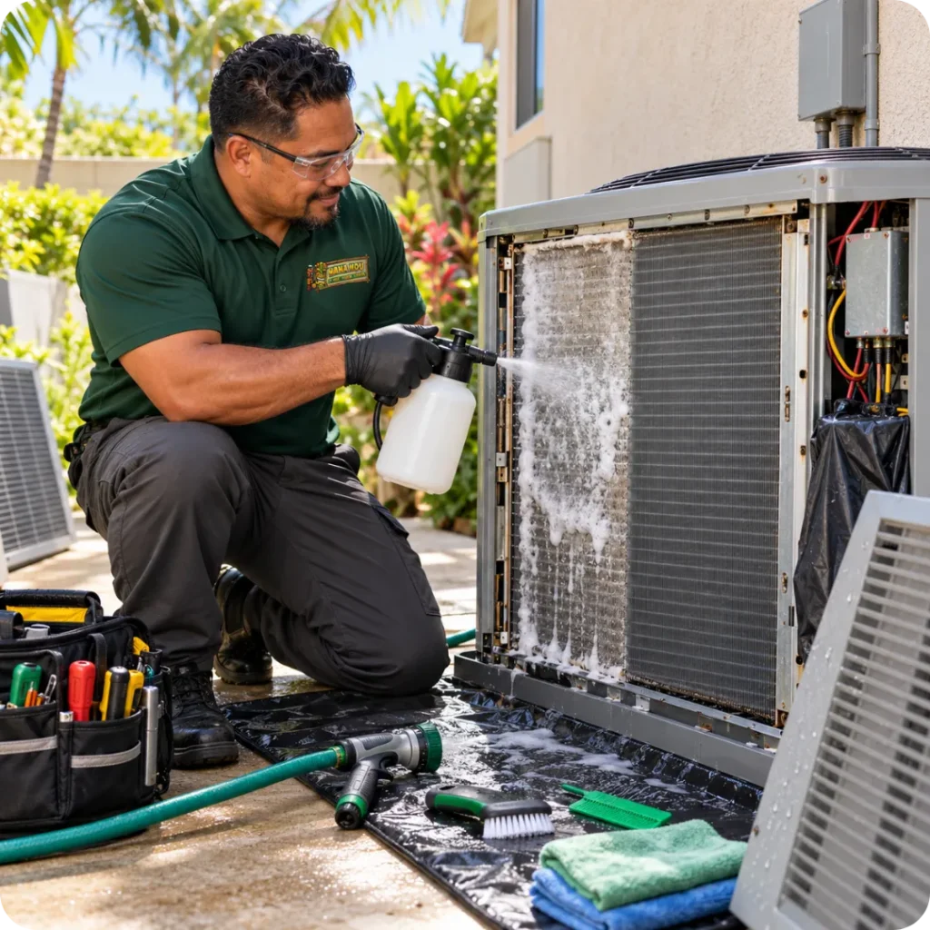 Hana Hou Home HVAC technician cleaning the outdoor coil of a residential heat pump.