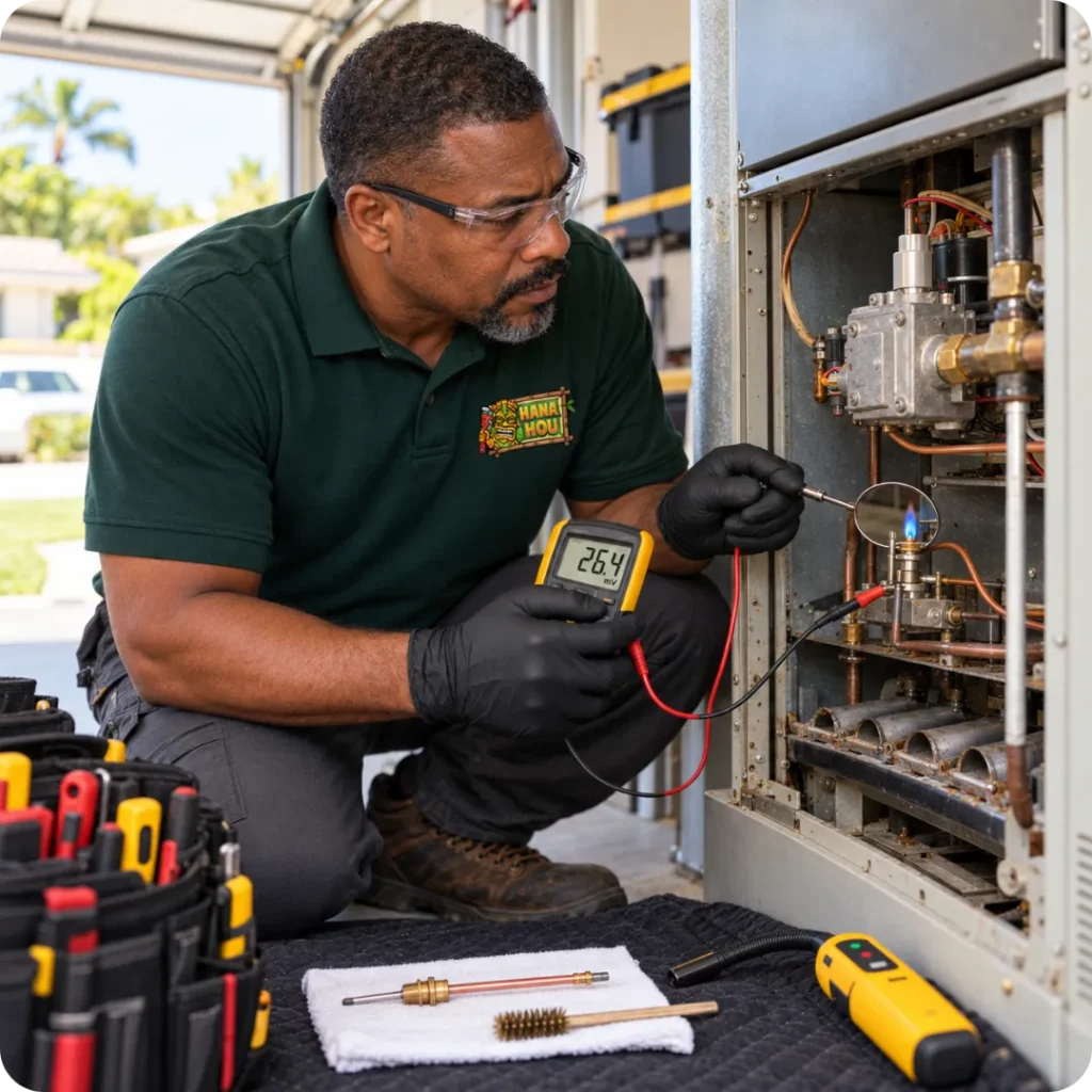 Hana Hou Home HVAC technician testing a furnace pilot light and thermocouple with a digital meter.