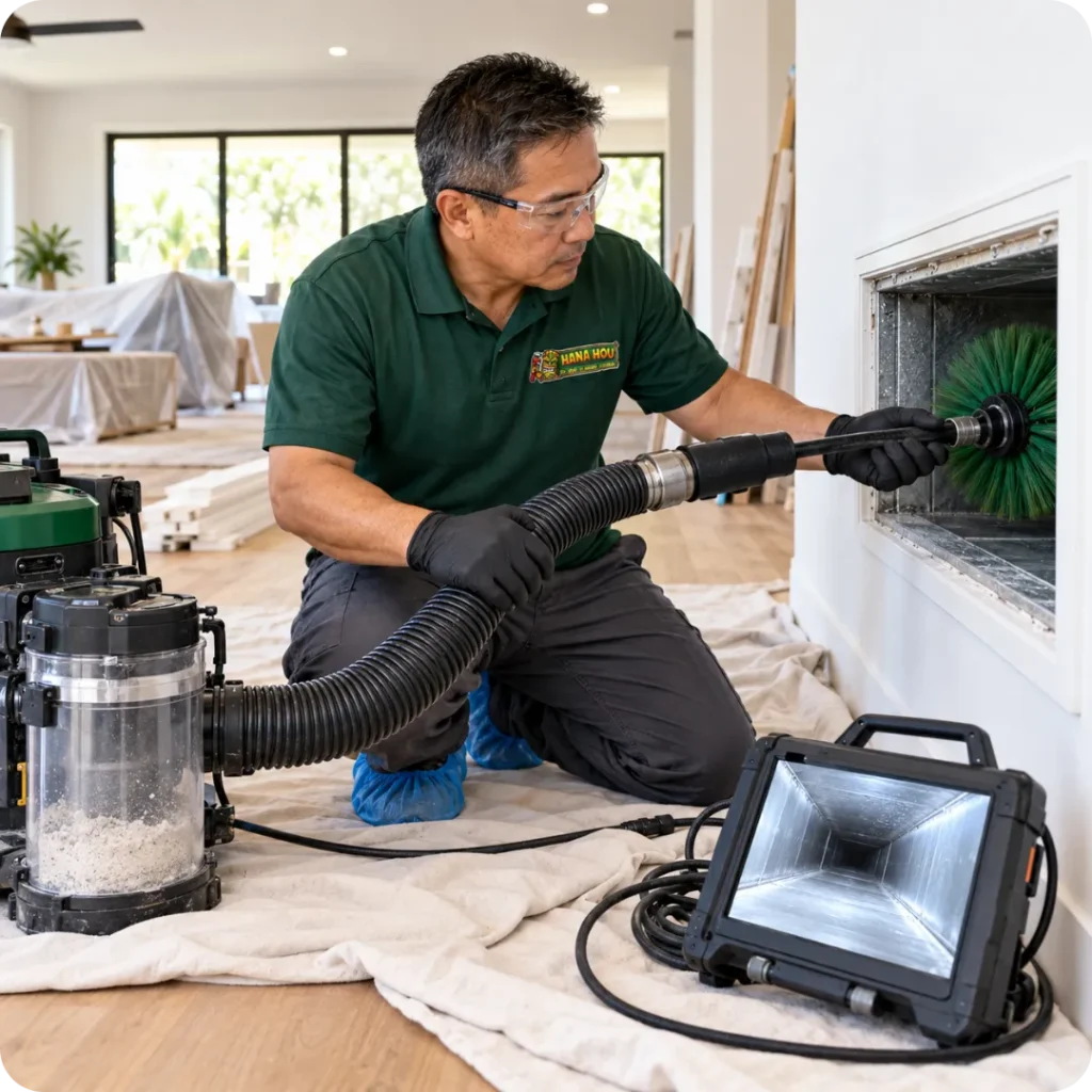 Hana Hou Home technician removing construction dust from ductwork after a home remodeling project.