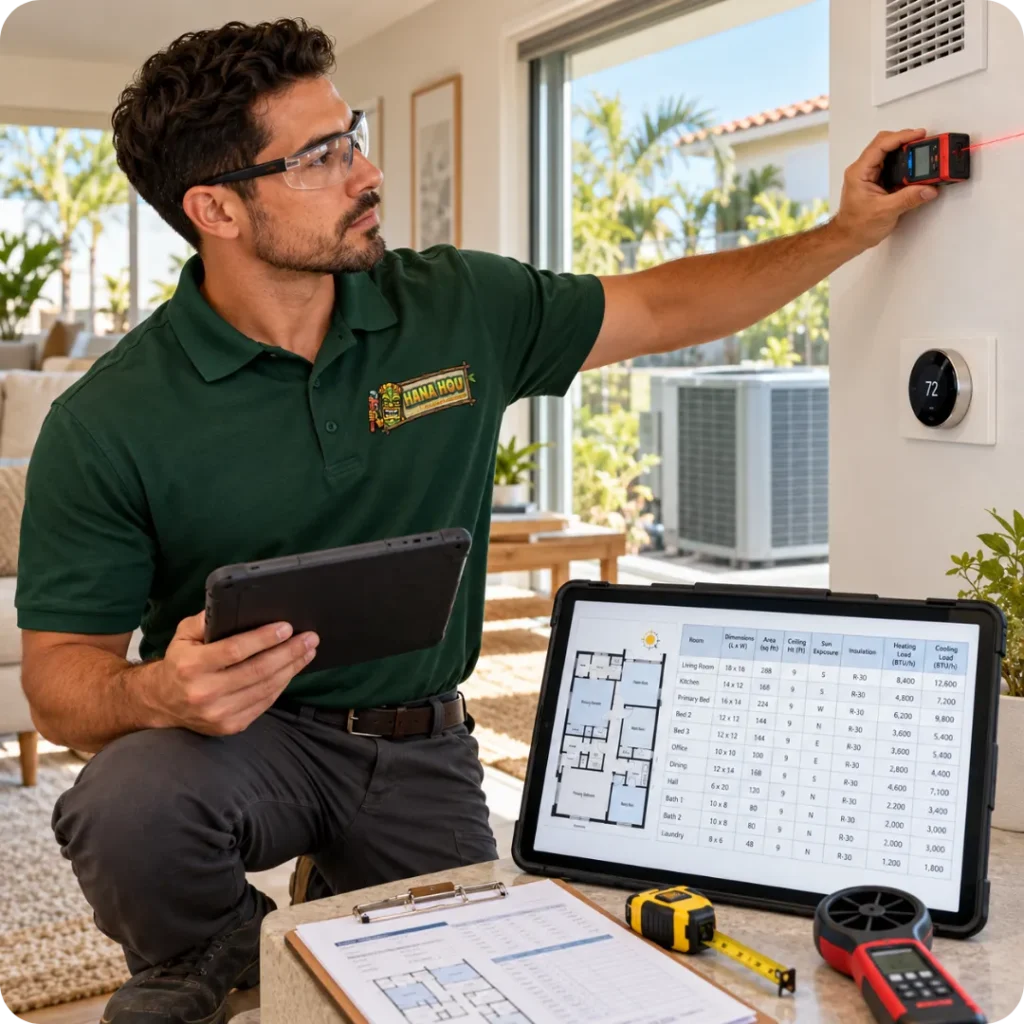Hana Hou Home HVAC technician measuring a room and calculating accurate heating and cooling requirements for a Southern California home.