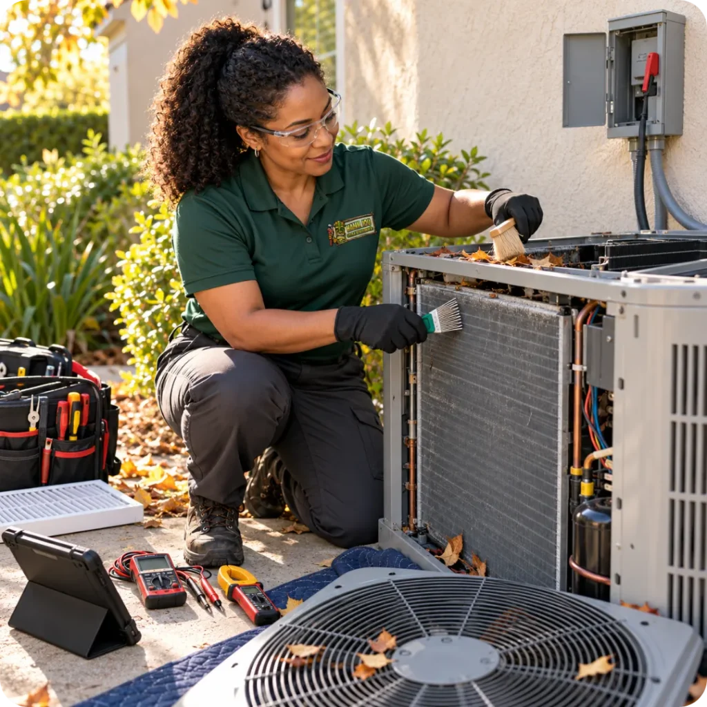 Hana Hou Home technician performing a seasonal heat pump tune up at a Southern California residence.