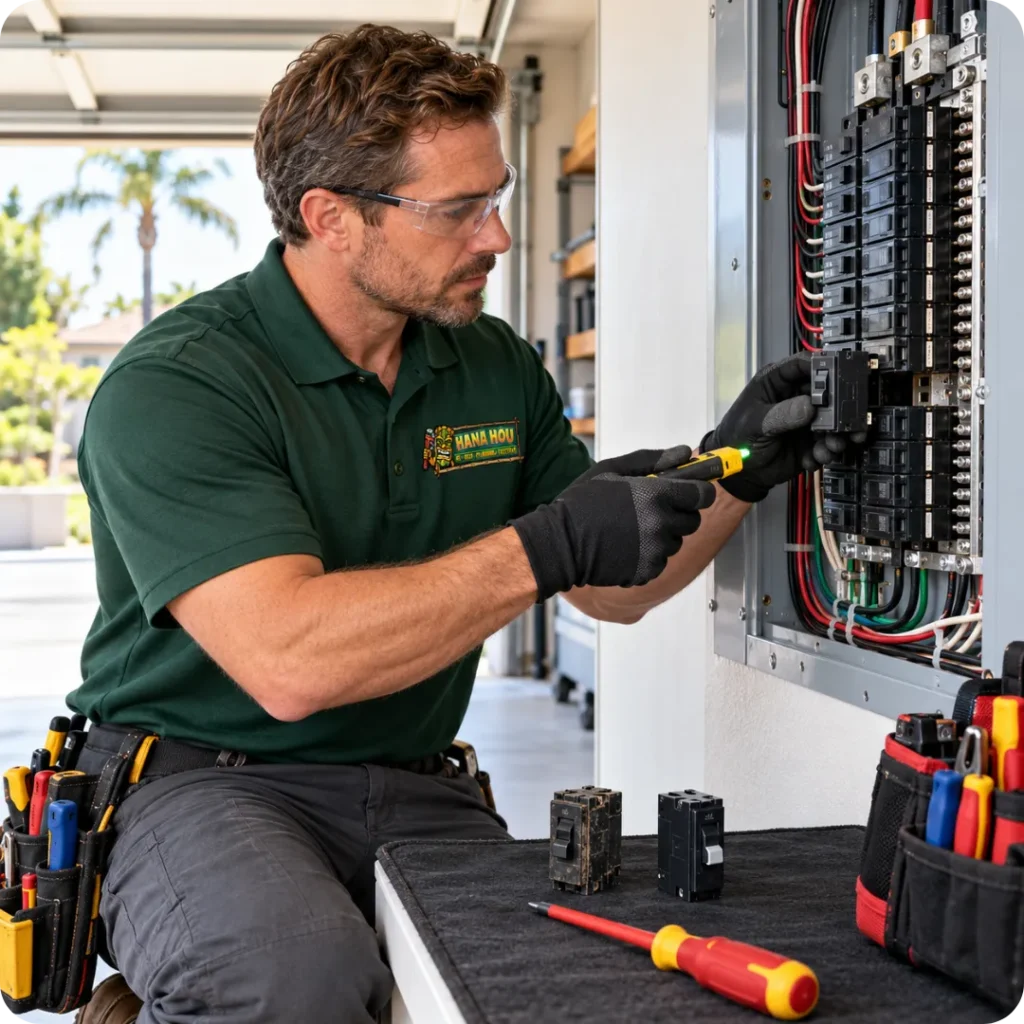 Hana Hou Home electrician safely replacing one faulty circuit breaker inside a residential electrical panel.