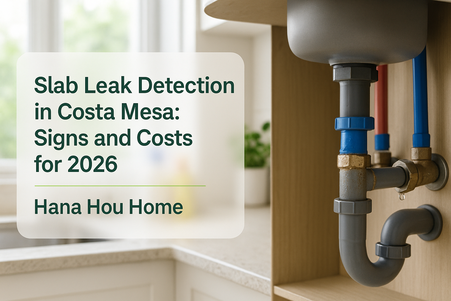 Under-sink plumbing showing signs of slab leak detection for Hana Hou Home in Costa Mesa.