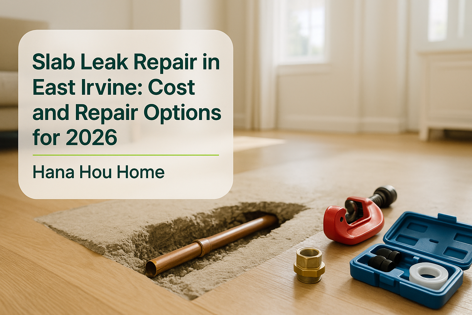 Concrete slab showing slab leak repair tools in East Irvine by Hana Hou Home.
