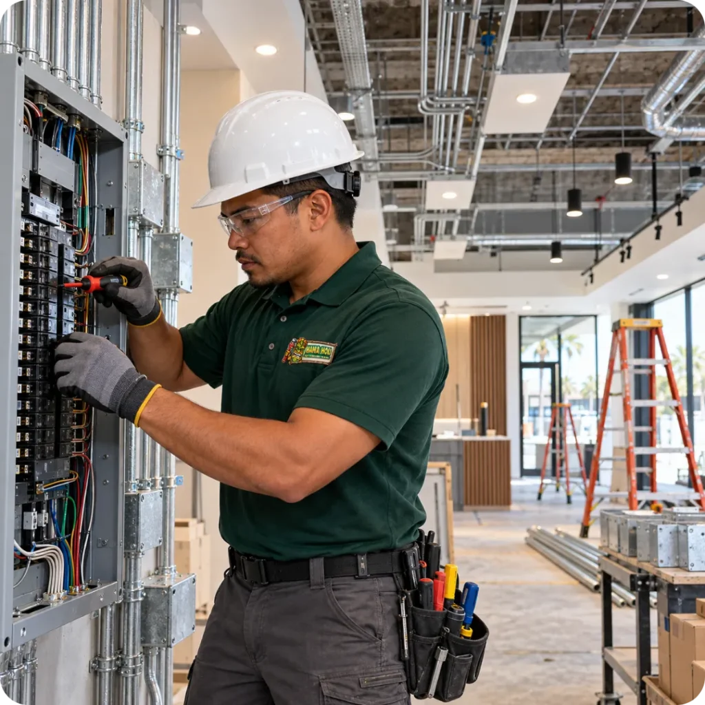 Hana Hou Home commercial electrician upgrading an electrical panel during a tenant improvement project in Southern California.