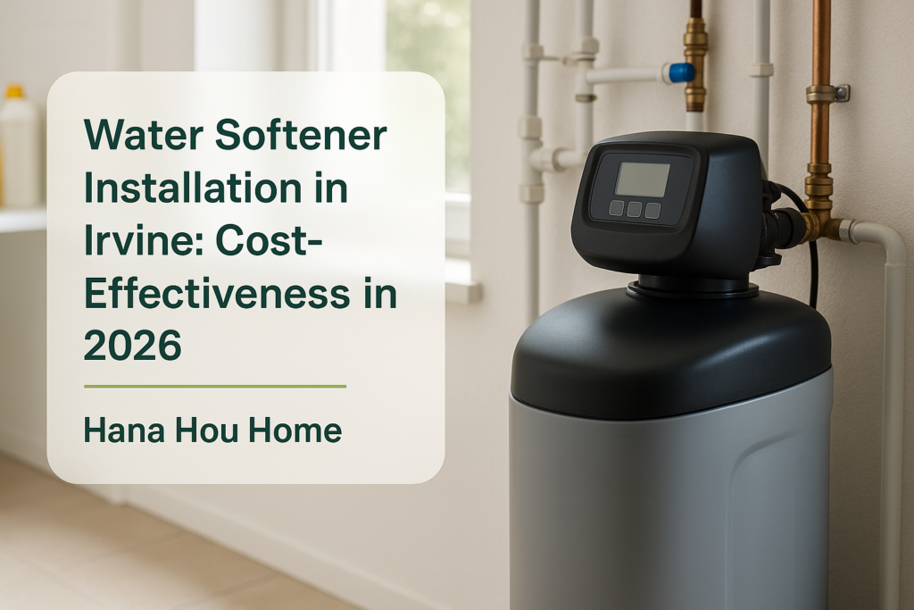 Newly installed water softener system in a modern utility room by Hana Hou Home in Irvine.