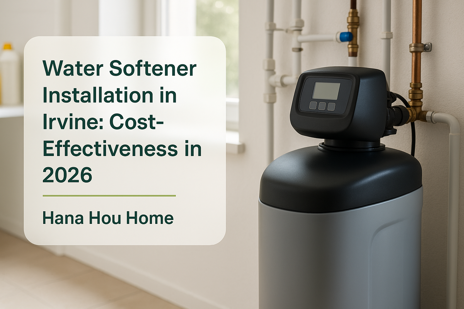 Newly installed water softener system in a modern utility room by Hana Hou Home in Irvine.