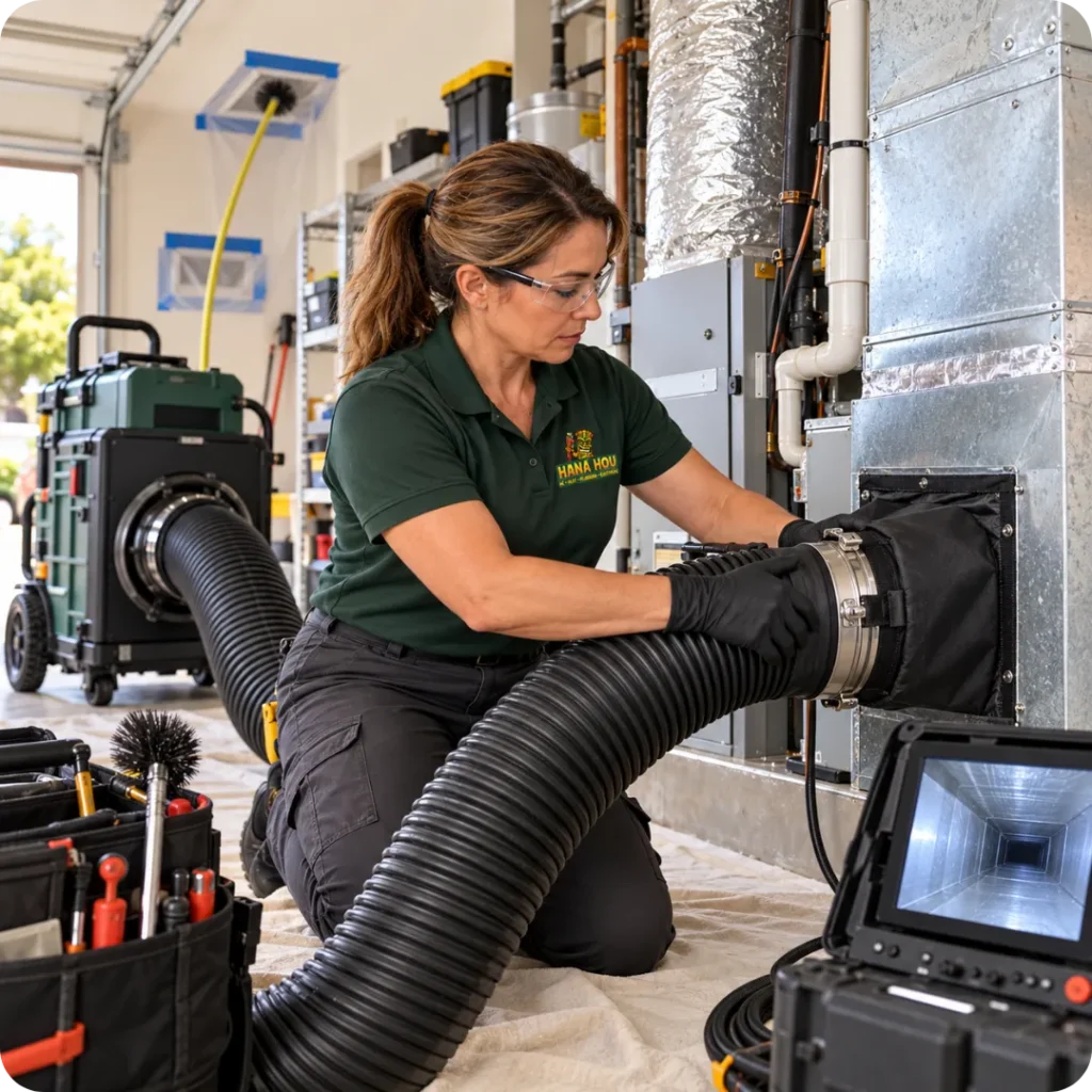 Hana Hou Home technician connecting professional negative air equipment for whole home duct cleaning.