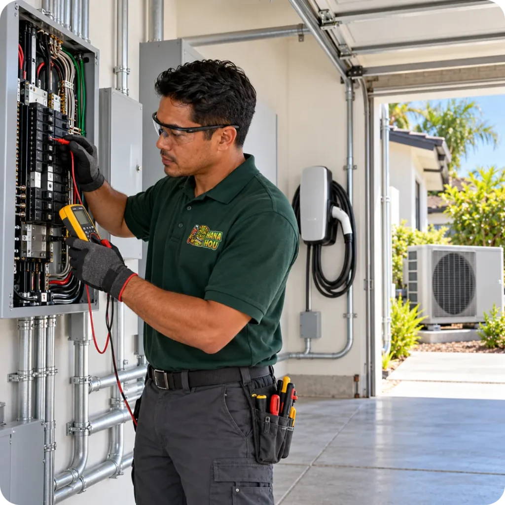 Hana Hou Home electrician testing an upgraded electrical panel with an EV charger and electric heat pump installed nearby.