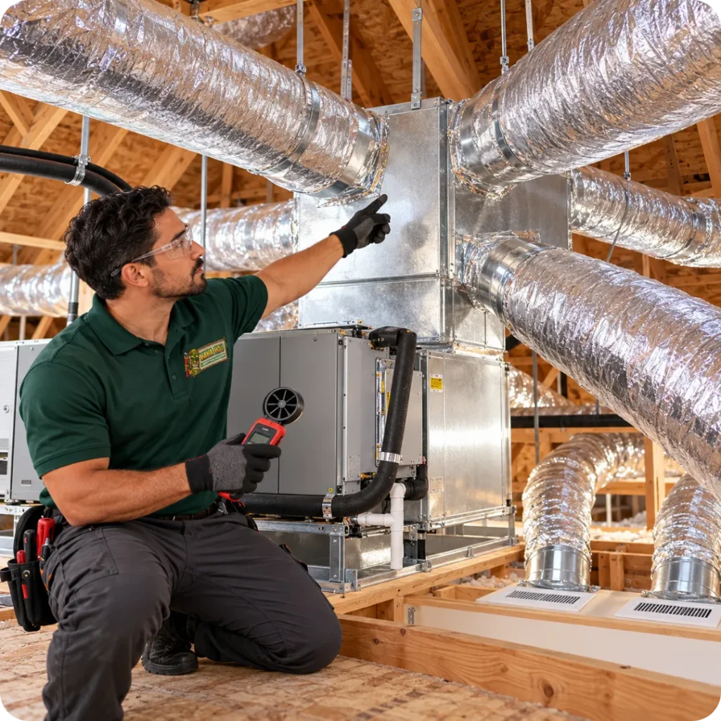 Hana Hou Home HVAC technician inspecting the central ductwork that connects heating and cooling equipment throughout a home.